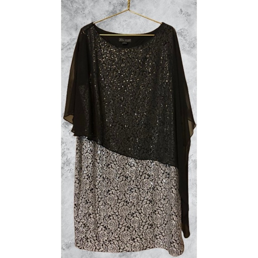 Jessica Howard 24W Blk.Silver Sequin Lace Popover Capelet Sheath Dress Plus Size